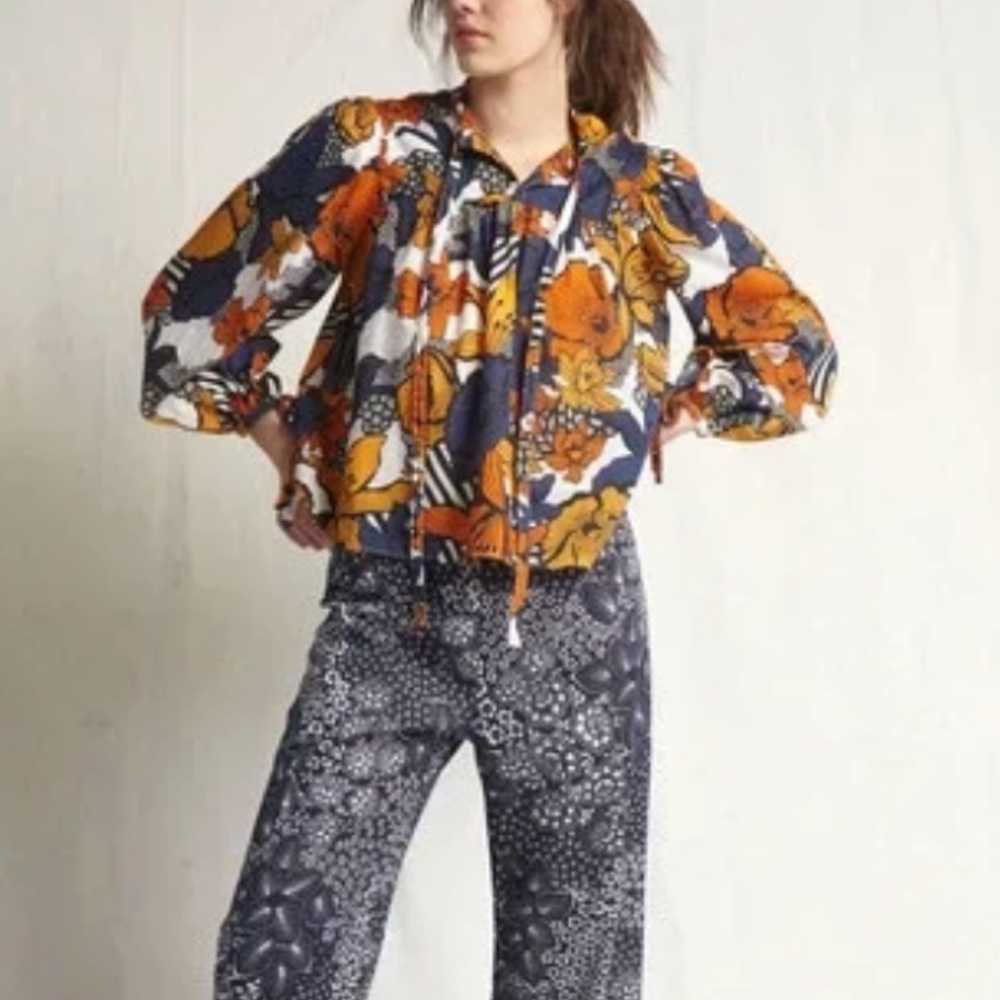 Warm Mystic Floral Printed Long Sleeve Blouse Top Marigold - Picture 2 of 5